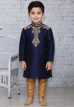 Embroidered Dupion Silk Kurta Set in Navy Blue