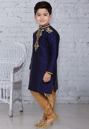 Embroidered Dupion Silk Kurta Set in Navy Blue