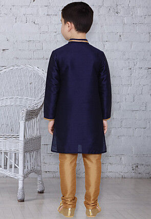 Embroidered Dupion Silk Kurta Set in Navy Blue
