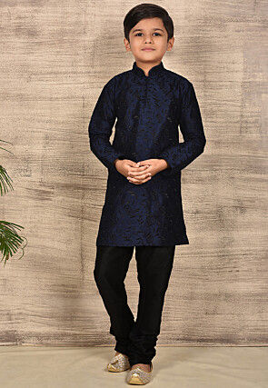 Embroidered Dupion Silk Kurta Set in Navy Blue
