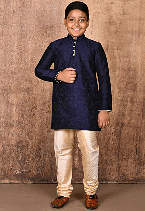 Embroidered Dupion Silk Kurta Set in Navy Blue