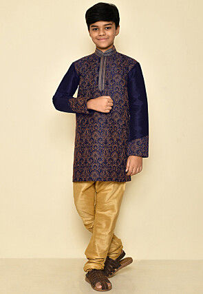 Embroidered Dupion Silk Kurta Set in Navy Blue