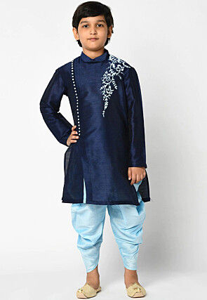 Embroidered Dupion Silk Kurta Set in Navy Blue