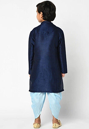 Embroidered Dupion Silk Kurta Set in Navy Blue