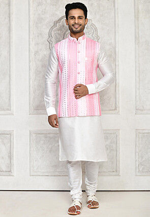 Embroidered Dupion Silk Kurta Set in Off White and Pink