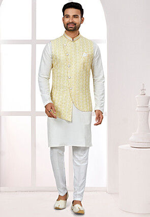 Embroidered Dupion Silk Kurta Set in Off White and Yellow
