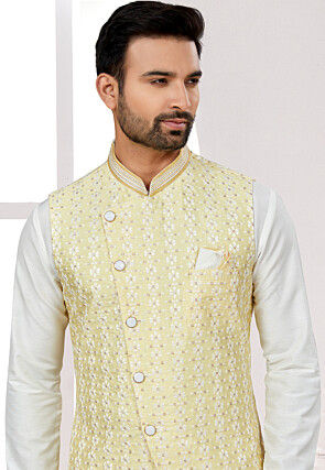Embroidered Dupion Silk Kurta Set in Off White and Yellow
