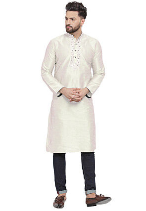 Embroidered Dupion Silk Kurta Set in Off White