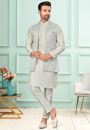 Embroidered Dupion Silk Kurta Set in Off White