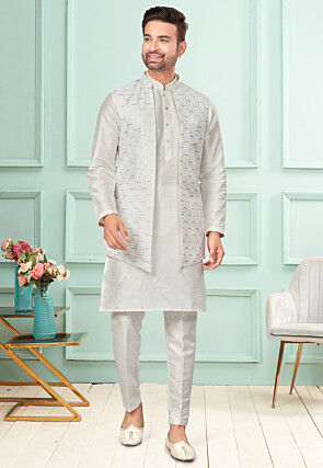Embroidered Dupion Silk Kurta Set in Off White
