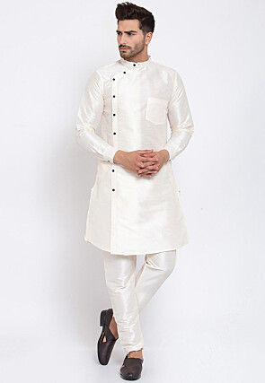 Embroidered Dupion Silk Kurta Set in Off White
