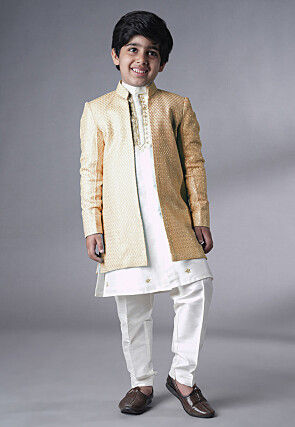 Embroidered Dupion Silk Kurta Set in Off White and Beige