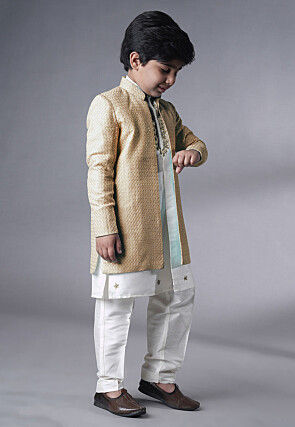 Embroidered Dupion Silk Kurta Set in Off White and Beige