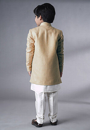 Embroidered Dupion Silk Kurta Set in Off White and Beige