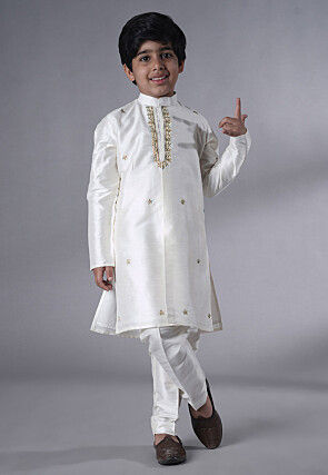 Embroidered Dupion Silk Kurta Set in Off White and Beige