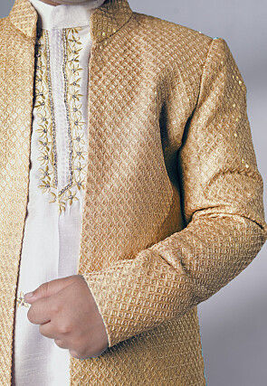 Embroidered Dupion Silk Kurta Set in Off White and Beige