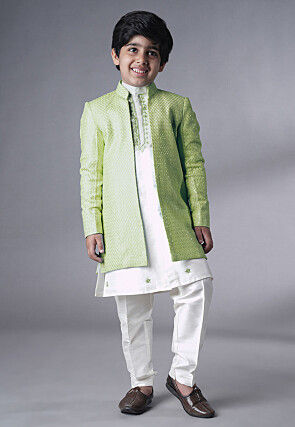 Embroidered Dupion Silk Kurta Set in Off White and Olive Green