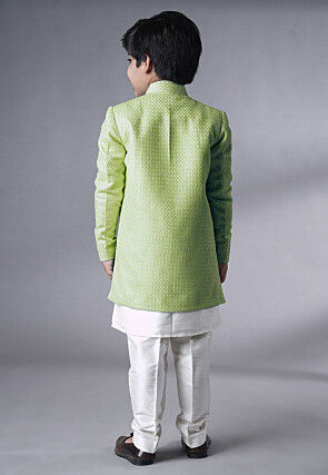 Embroidered Dupion Silk Kurta Set in Off White and Olive Green