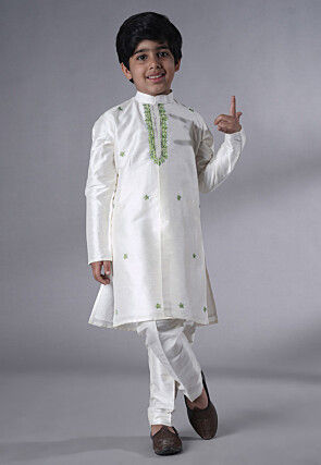 Embroidered Dupion Silk Kurta Set in Off White and Olive Green