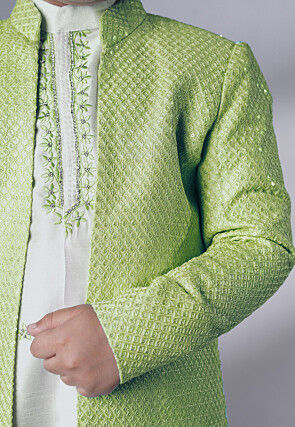 Embroidered Dupion Silk Kurta Set in Off White and Olive Green