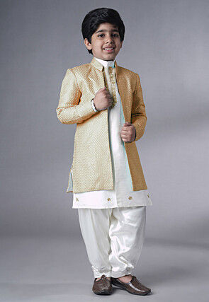 Embroidered Dupion Silk Sherwani Set in Off White and Beige
