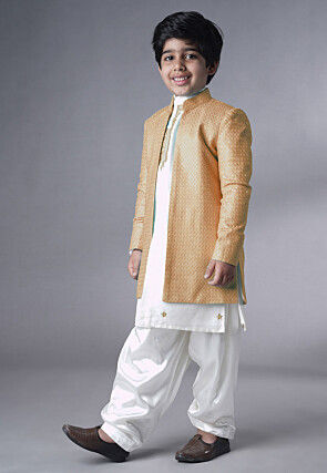 Embroidered Dupion Silk Sherwani Set in Off White and Beige