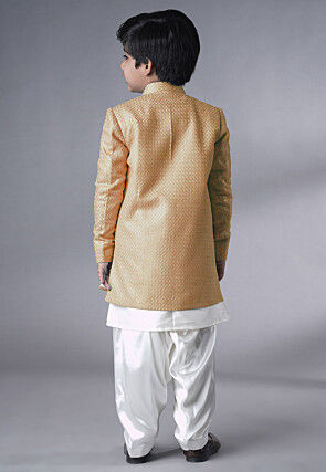 Embroidered Dupion Silk Sherwani Set in Off White and Beige