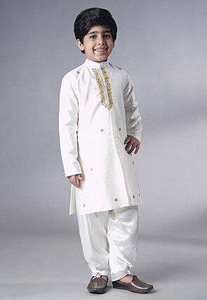 Embroidered Dupion Silk Sherwani Set in Off White and Beige