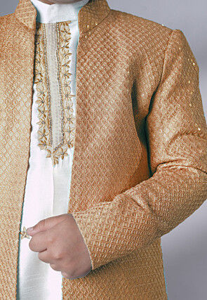Embroidered Dupion Silk Sherwani Set in Off White and Beige