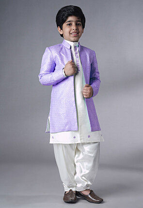 Embroidered Dupion Silk Sherwani Set in Off White and Light Purple