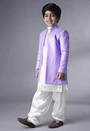 Embroidered Dupion Silk Sherwani Set in Off White and Light Purple
