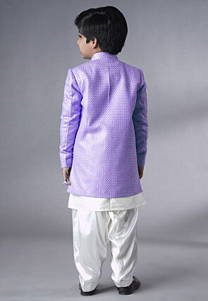 Embroidered Dupion Silk Sherwani Set in Off White and Light Purple