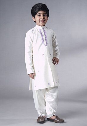 Embroidered Dupion Silk Sherwani Set in Off White and Light Purple