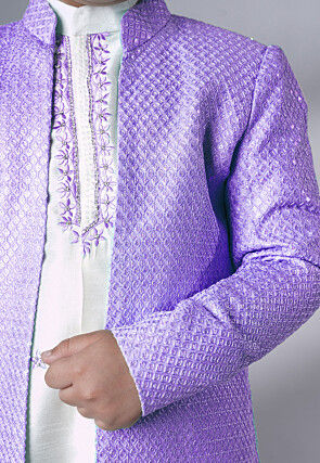 Embroidered Dupion Silk Sherwani Set in Off White and Light Purple