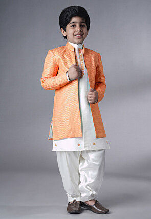 Embroidered Dupion Silk Sherwani Set in Off White and Peach