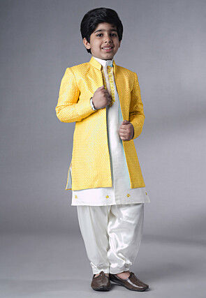 Embroidered Dupion Silk Sherwani Set in Off White and Yellow