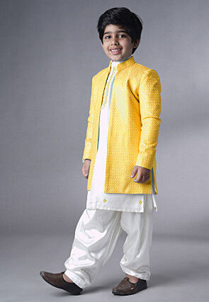 Embroidered Dupion Silk Sherwani Set in Off White and Yellow