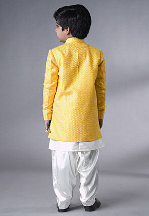 Embroidered Dupion Silk Sherwani Set in Off White and Yellow