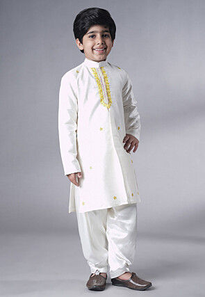 Embroidered Dupion Silk Sherwani Set in Off White and Yellow