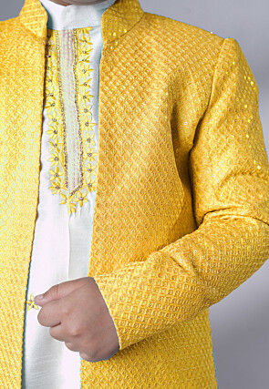 Embroidered Dupion Silk Sherwani Set in Off White and Yellow