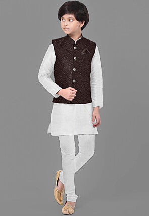 Embroidered Dupion Silk Kurta Set in Off White
