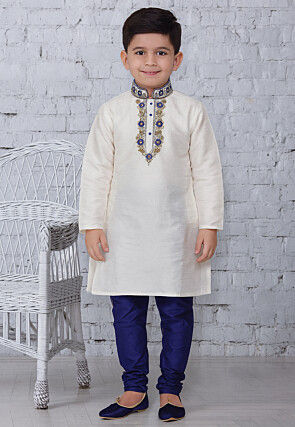 Embroidered Dupion Silk Kurta Set in Off White