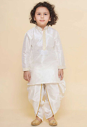 Embroidered Dupion Silk Kurta Set in Off White