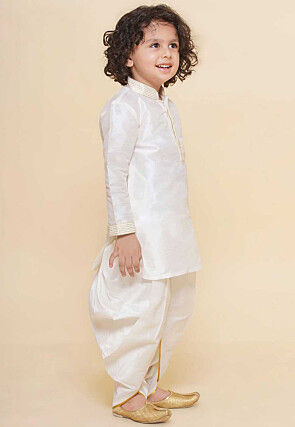 Embroidered Dupion Silk Kurta Set in Off White