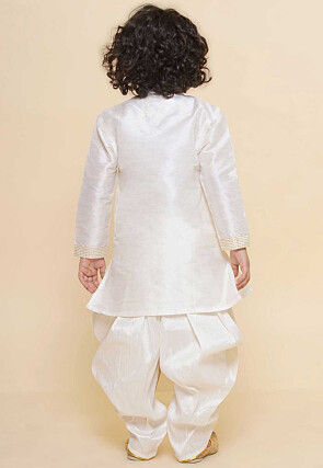 Embroidered Dupion Silk Kurta Set in Off White