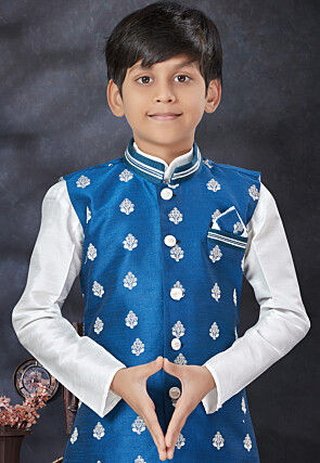 Embroidered Dupion Silk Kurta Set in Off White