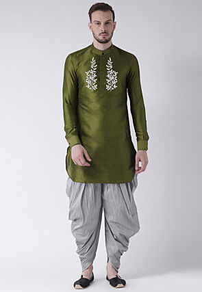 Embroidered Dupion Silk Kurta Set in Olive Green