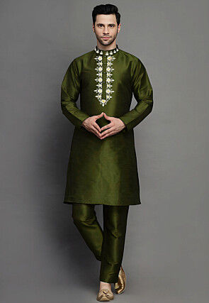 Embroidered Dupion Silk Kurta Set in Olive Green