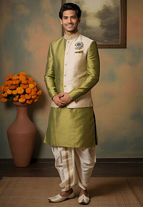 Embroidered Dupion Silk Kurta Set in Olive Green and Cream