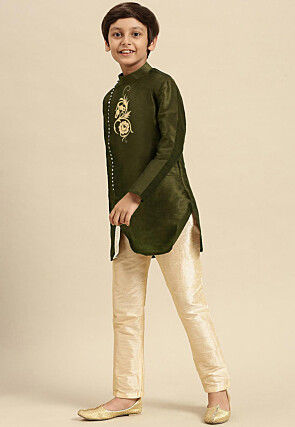 Embroidered Dupion Silk Kurta Set in Olive Green